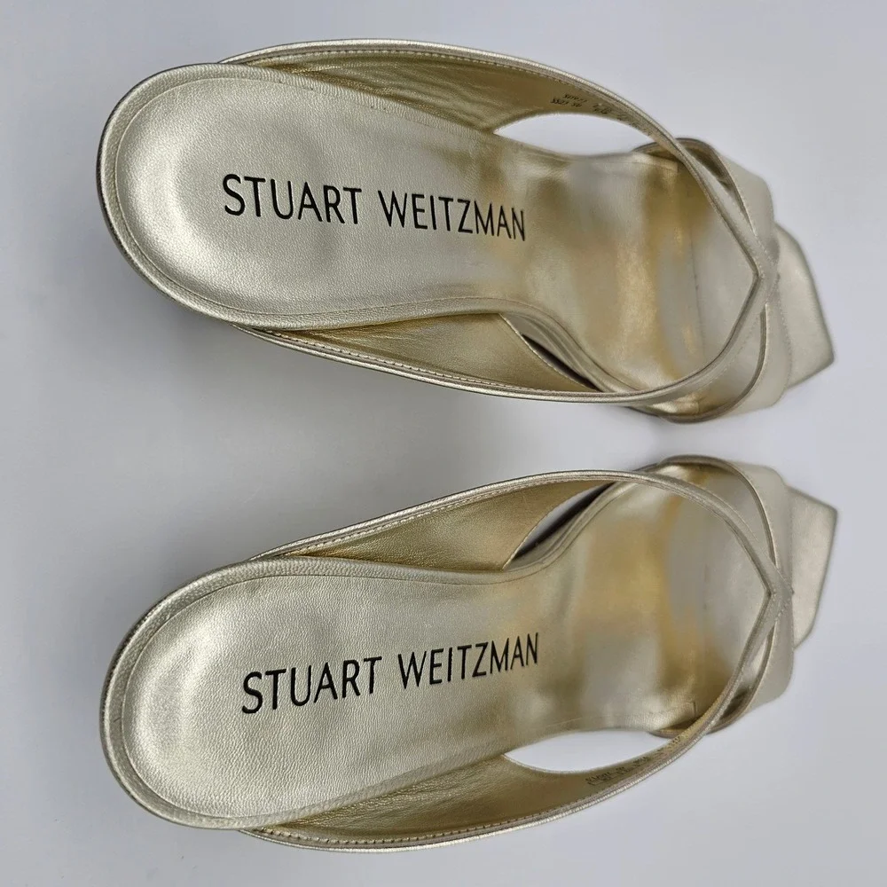 Stuart Weitzman Womens Miami 50 Wedge Slide‎ Metallic Gold Sandal Platino 6B - Picture 5 of 9